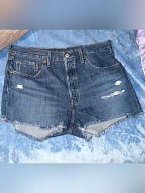 Levi's 501 Dark Blue Distressed Denim Cutoff Shorts